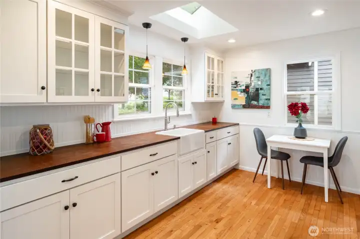 Skylights keep the kitchen light and bright, even on gloomy winter days.