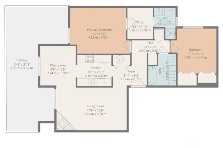 huge deck with a partially covered area, kitchen, dining room, living room, 2 bedrooms, 1.75 bathrooms, laundry area, and much more.