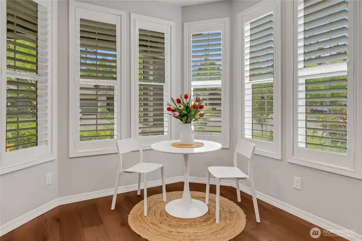 Breakfast nook is large enough to be the primary dining area if you so choose. Check out the wide-louver shutters (which can be found throughout the home). Really impressive, functional and stylish.