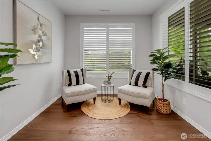 This comfort area can be used as an office, as it has smart wall dividers that can provide more work privacy. We’ve had a full-sized sofa bed here so it can facilitate more overnight visitors comfortably as well. Perfect area for Murphy bed / office conversion. So many options!
