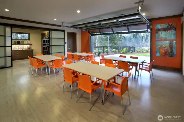 Multi-purpose utility room at the clubhouse is used for so many things. Aerobic classes of all levels, rubber band and resistance classes, meetings and so much more. Check out the garage door that can provide lovely mountain air to events in this mixed-use space.
