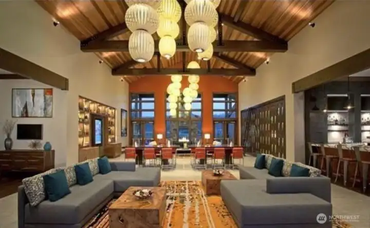 The "Living Room" at the lodge is a hub of resident activities - from complimentary morning coffee and a paper, to evening "happy hour" from The Mantel (to the right in this photo). Concierge service station and kiosk full of member information also housed here.