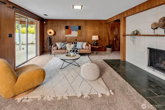 Rec Room with wood burning fireplace
