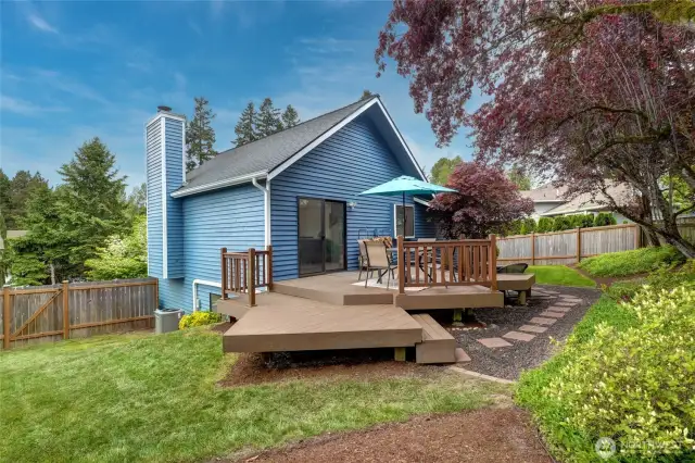 Fully fenced backyard with a great deck