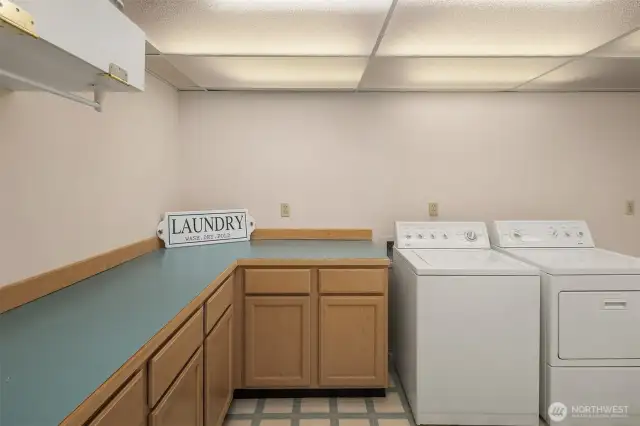 Huge laundry room is complete with folding counter and loads of storage space.