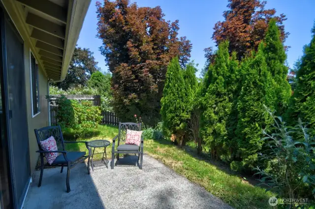 Outside, the yard for 1841 extends beyond the privacy trees and around the corner.