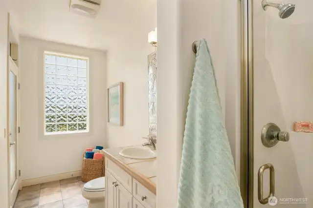 Bath entry from hall and outside.