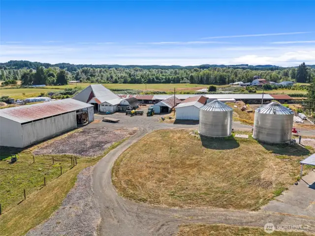 Farm buildings and barns.