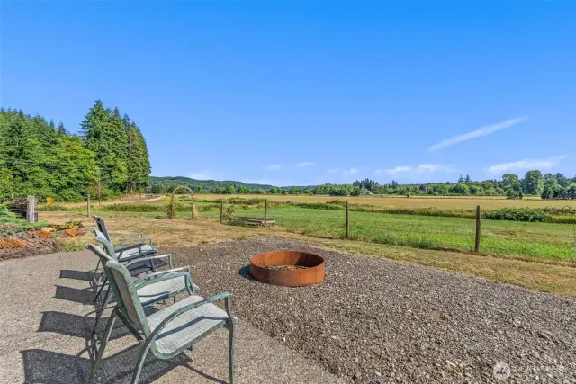 Patio area with fire pit on S side of garage.