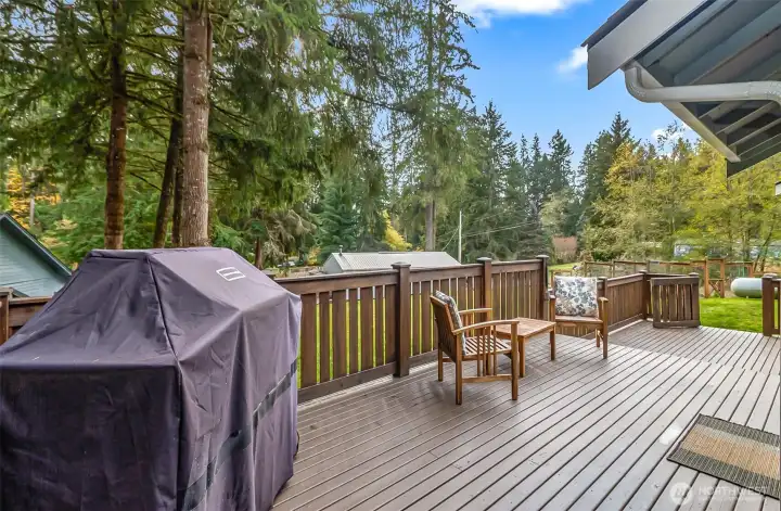 Gorgeous view of the fenced backyard overlooking the shop