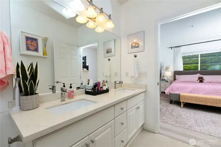 Double sink vanity in primary bath.