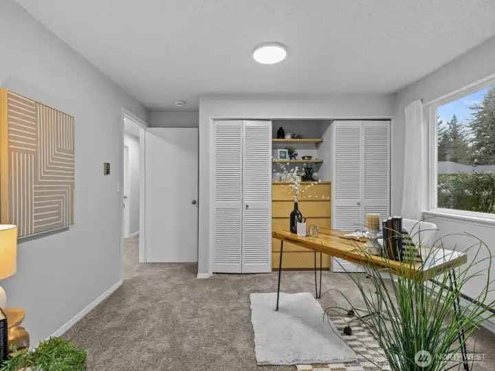 Down the hall, to the right of the entryway is the first bedroom.