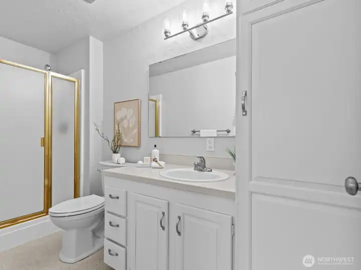 The ensuite 3/4 bath is a nice size.