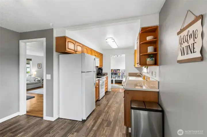 View from family room into kitchen.