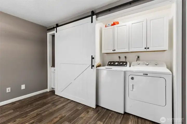 Washer/Dryer more storage. Close off with Barn Doors.