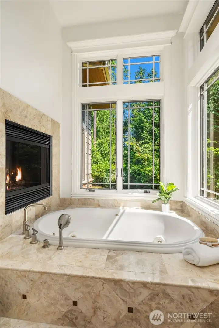 Primary bathroom with jacuzzi tub and   fireplace