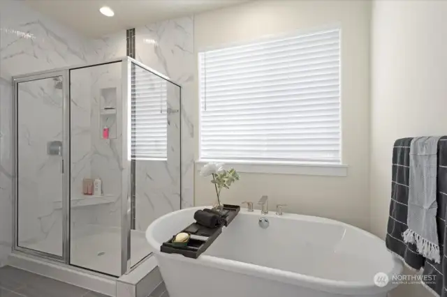 Relaxing Soaking Tub and capacious Shower.
