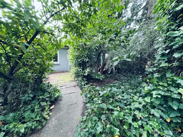 Heavily wooded yard with pathway to partially fenced yard
