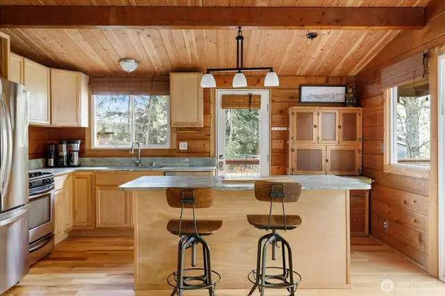 A better view of the kitchen showing door to back yard.