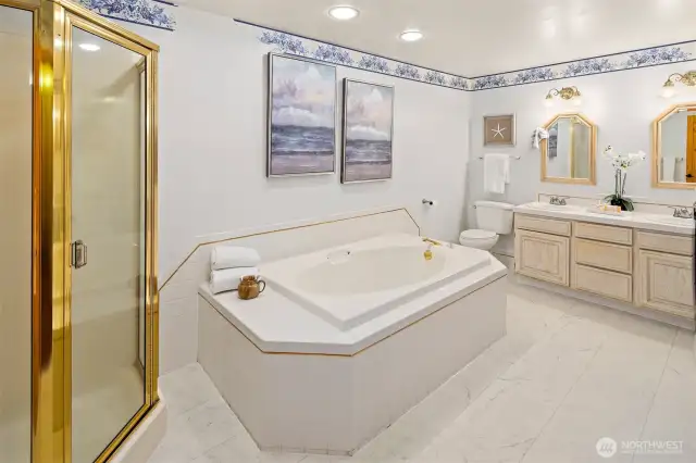 Lower Level full bathroom with separate Shower, a Soaking Tub, and a 2-Sink Vanity