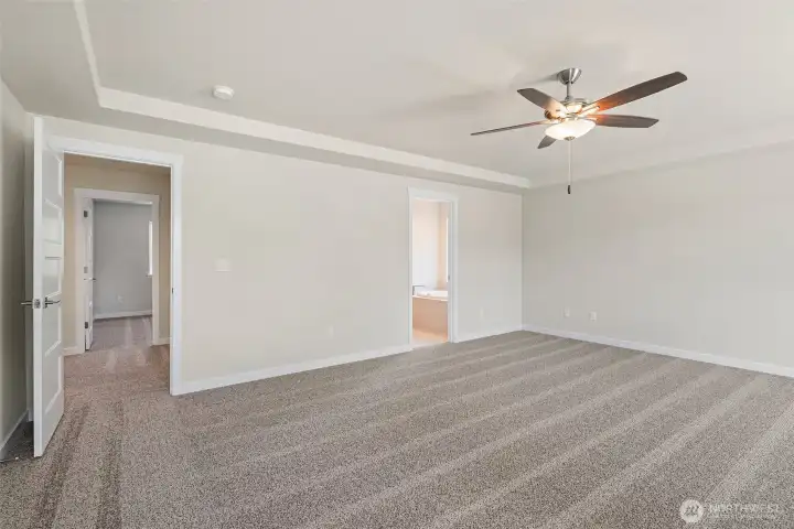Spacious primary bedroom with carpet flooring creating a soft and calming atmosphere. A ceiling fan with an integrated light fixture is mounted at the center of the ceiling, providing both illumination and airflow.