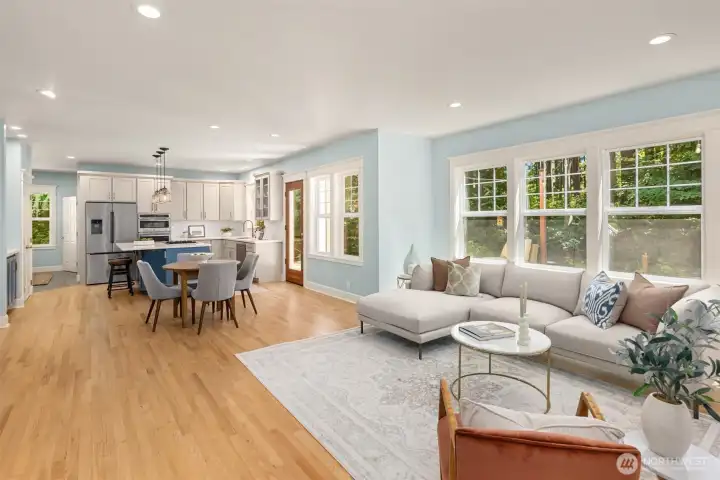 The family room showing the direct connection to the kitchen.