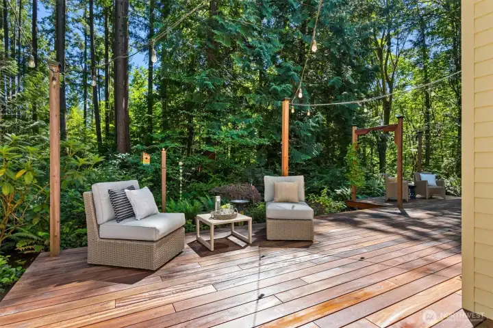 A new Tigerwood deck is off the back of the house providing multiple areas for lounging or dining.