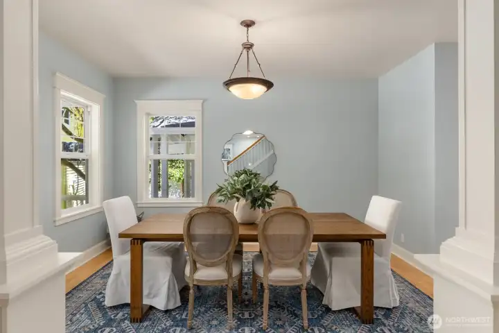 The large dining room is conveniently connected to the kitchen and spacious enough to host a dinner party or holiday gatherings.