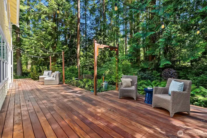 The back deck looking out to the private and tranquil backyard setting.