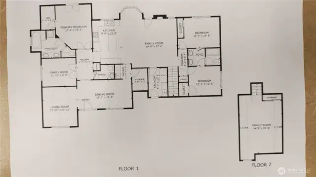 Independent photographer has provided these measurements of the house (main floor living spaces and the second floor 4th bedroom labeled "family room"
