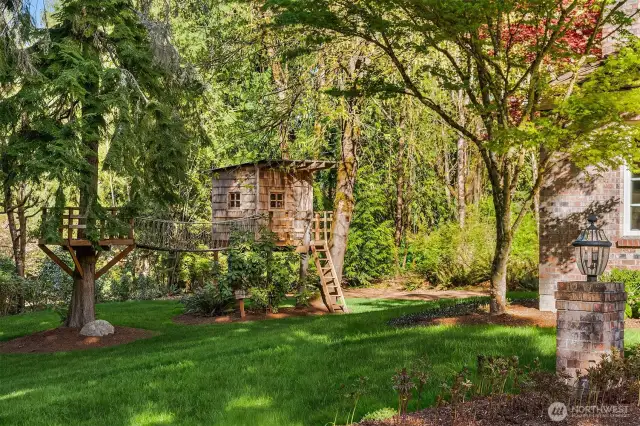 On the Northeast side of the property is a garden shed an epic treehouse, bridge, and perch lookout that provides hours of playtime for kids!
