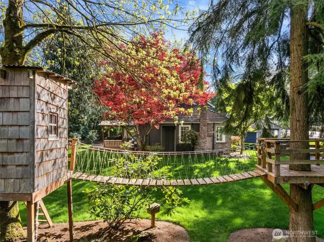 On the Northeast side of the property is a garden shed and an epic treehouse, bridge, and perch lookout that provides hours of playtime for kids!