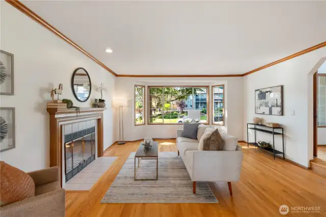 Living room with one of two gas fireplaces.