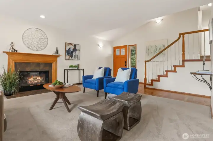 Attractive gas fireplace for cozy winter nights spent in the living room.