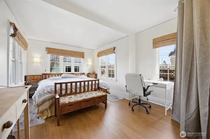 The primary bedroom is adjacent to the full bath on the main floor. There are laminate floors in this addition which has a post and beam foundation.