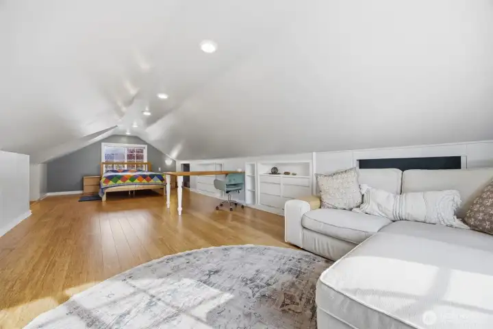 There are built-ins along the south wall of the upper story.