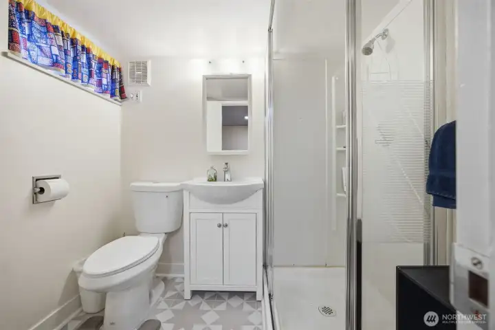 There is a 3/4 bath off the room that is in the basement.