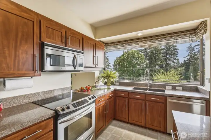 Updated kitchen with pass-through to dining to the left, and huge 9ft. garden window looking out to the deck and view ! Updated kitchen with pass-through to dining to the left, and huge 9ft. garden window looking out to the deck and view !