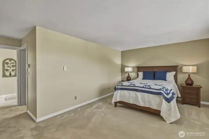 Primary bedroom with door to walk-in closet & bath to the right. Primary bedroom with door to walk-in closet & bath to the right.