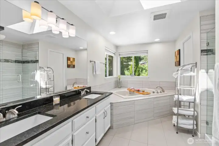 Remodeled Primary Bathroom With Dual Vanity & Soaking Tub