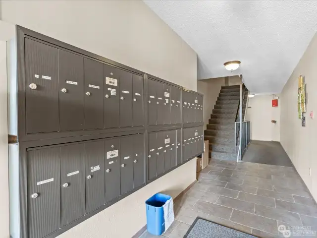 Secure lobby entrance with mailboxes and package drop off.