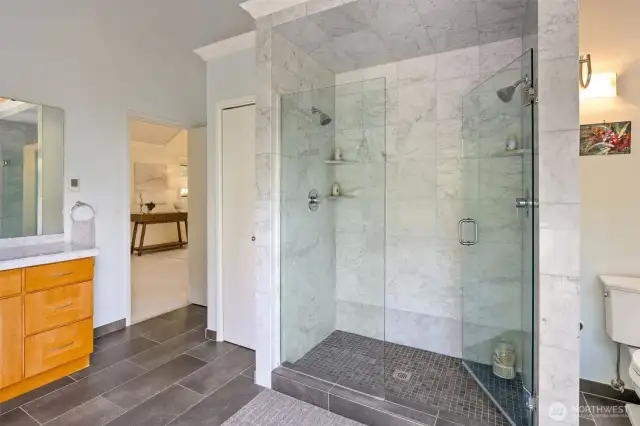 Updated primary bath with double head shower