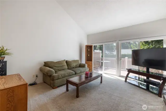 Huge living room with a wall of doors to one of the decks