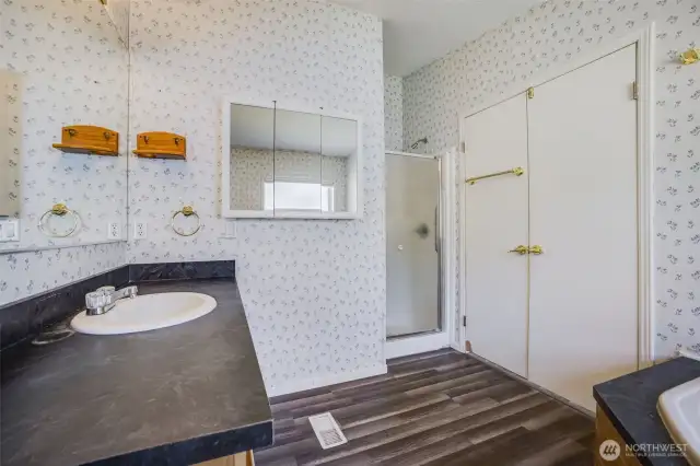 Step-in shower offers convenience and functionality.