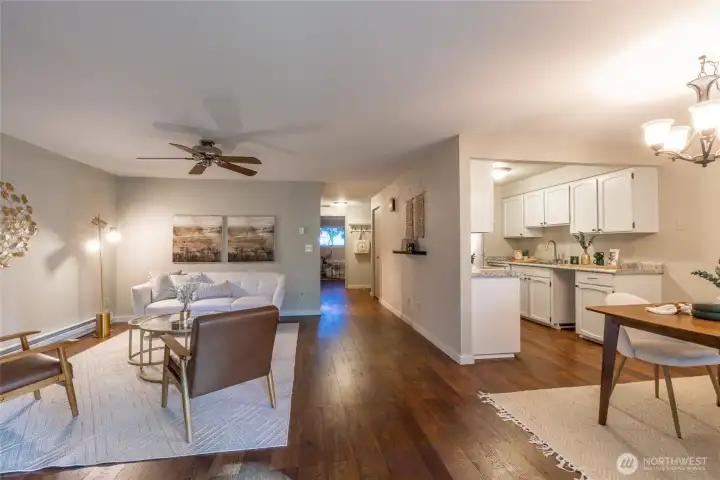 Living Room, Dining Area, & Kitchen