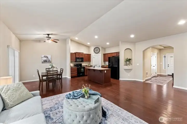 Cozy yet spacious living space with vaulted ceilings.