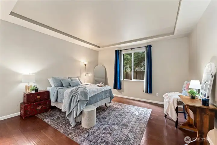 Master bedroom with beautiful tray ceiling.