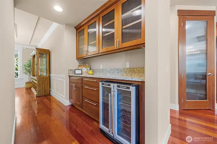 Butler's pantry with beverage refrigerator. Butler's pantry with beverage refrigerator.