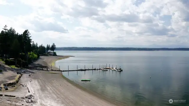 Swimming dock and free moorage on North beach.