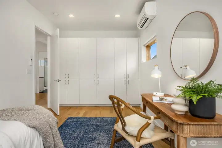 Deep built-in storage allows for bedroom or office use while the updated mini-split system keeps temps cozy in the winter and cool in the summer.